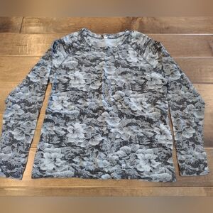 ATHLETA Women's long-sleeve Momentum Black Gray Floral Top - L